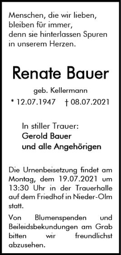 Traueranzeige für Renate Bauer vom 14.07.2021 aus vrm-trauer
