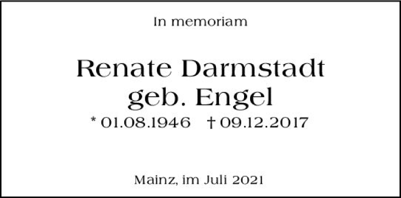  Traueranzeige für Renate Darmstadt vom 31.07.2021 aus vrm-trauer