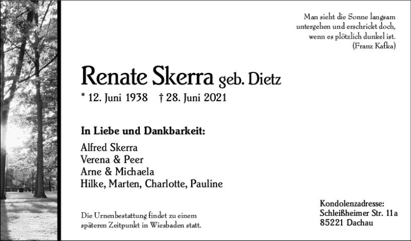  Traueranzeige für Renate Skerra vom 10.07.2021 aus vrm-trauer