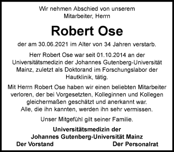 Traueranzeige von Robert Ose von vrm-trauer