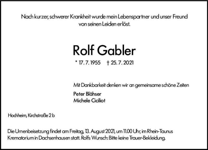  Traueranzeige für Rolf Gabler vom 30.07.2021 aus vrm-trauer