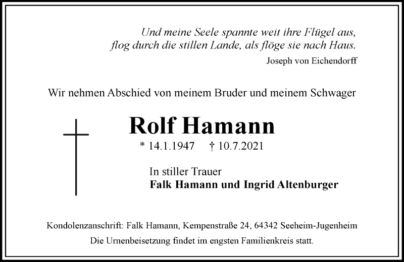  Traueranzeige für Rolf Hamann vom 17.07.2021 aus vrm-trauer
