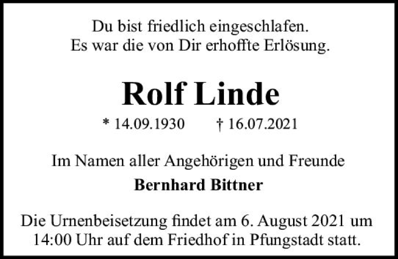  Traueranzeige für Rolf Linde vom 24.07.2021 aus vrm-trauer
