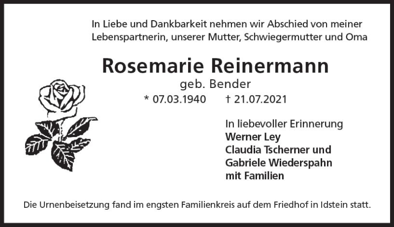  Traueranzeige für Rosemarie Reinermann vom 31.07.2021 aus vrm-trauer