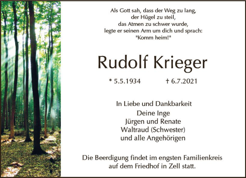  Traueranzeige für Rudolf Krieger vom 10.07.2021 aus vrm-trauer