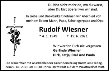 Traueranzeige von Rudolf Wiesner von vrm-trauer