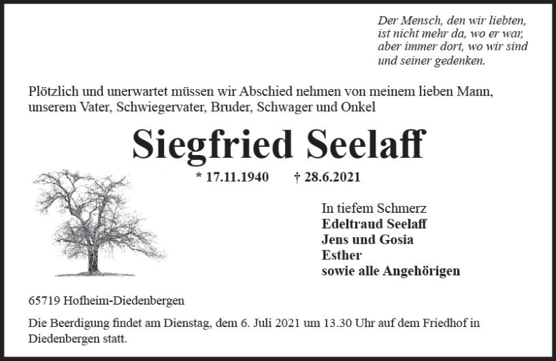  Traueranzeige für Siegfried Seelaff vom 02.07.2021 aus vrm-trauer