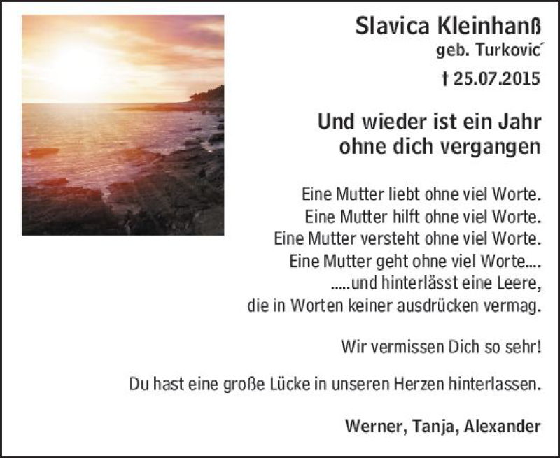  Traueranzeige für Slavica Kleinhanß vom 24.07.2021 aus vrm-trauer