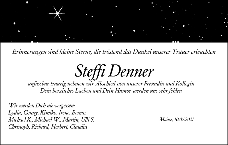  Traueranzeige für Steffi Denner vom 17.07.2021 aus vrm-trauer