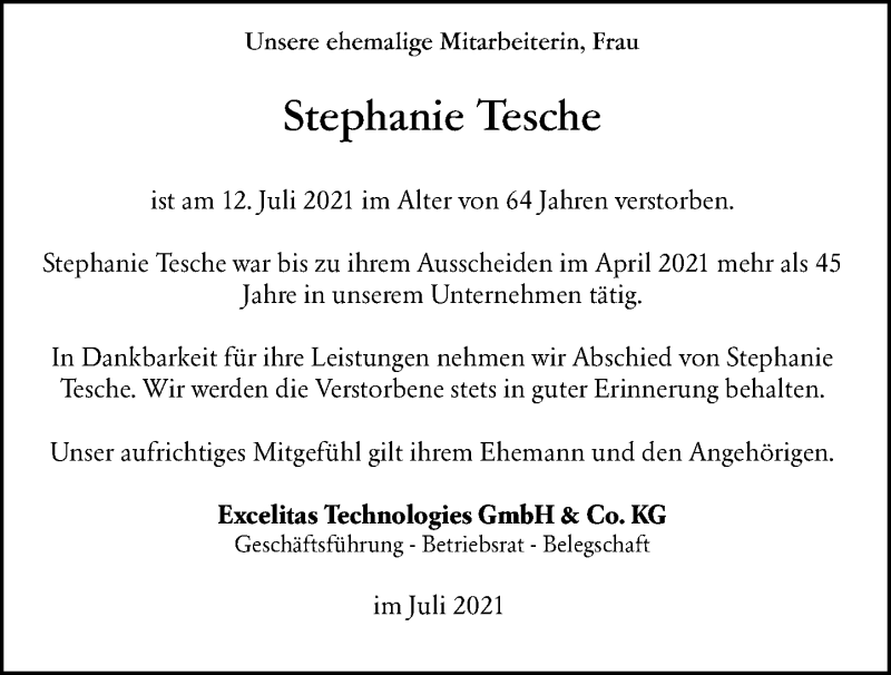  Traueranzeige für Stephanie Tesche vom 17.07.2021 aus vrm-trauer
