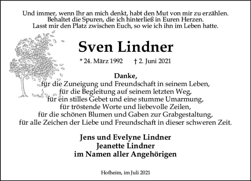  Traueranzeige für Sven Lindner vom 23.07.2021 aus vrm-trauer