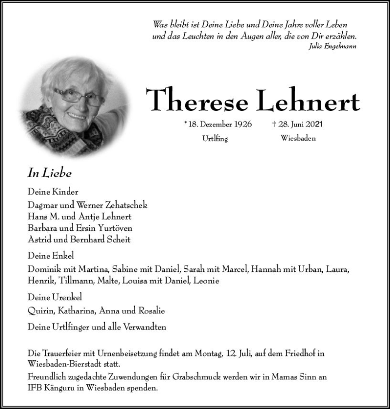 Traueranzeige für Therese Lehnert vom 03.07.2021 aus vrm-trauer
