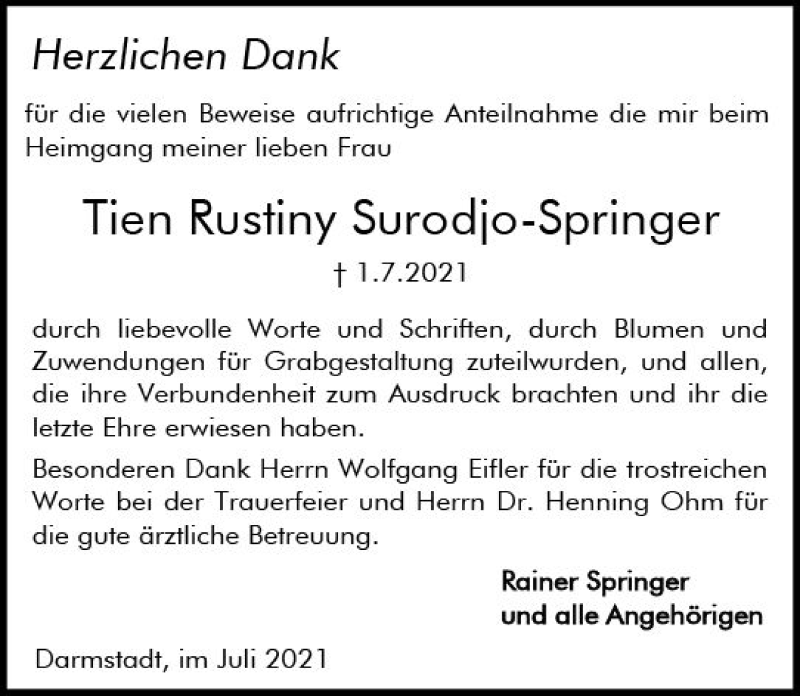  Traueranzeige für Tien Rustiny Surodjo-Springer vom 24.07.2021 aus vrm-trauer