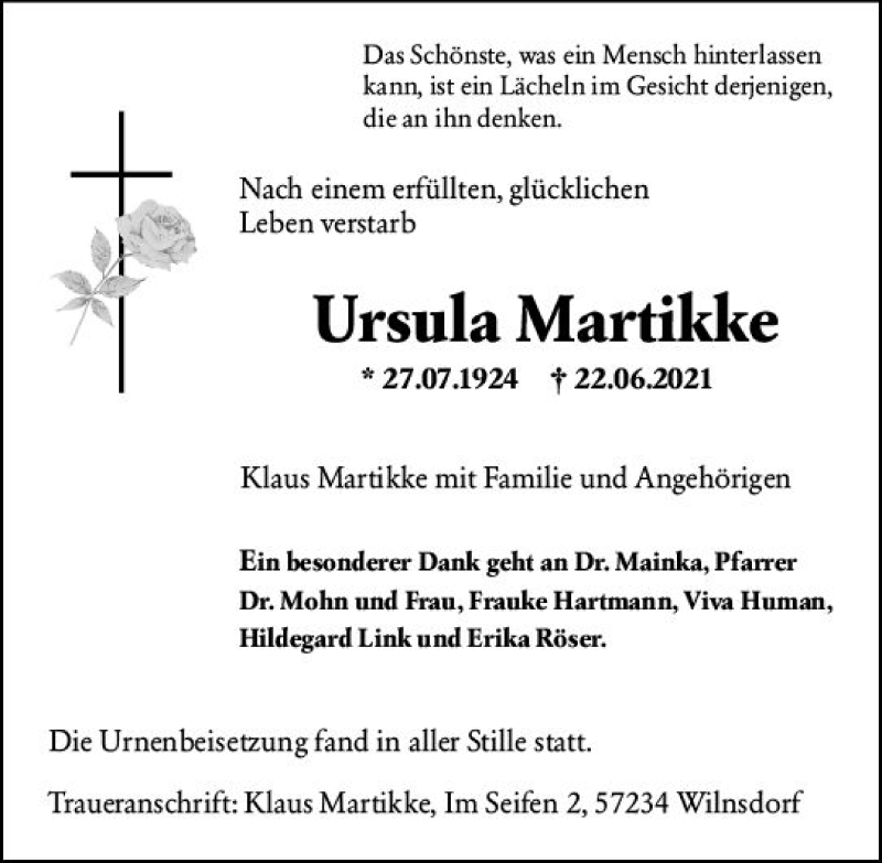  Traueranzeige für Ursula Martikke vom 10.07.2021 aus vrm-trauer