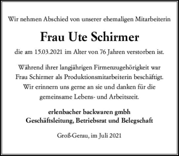 Traueranzeige von Ute Schirmer von vrm-trauer