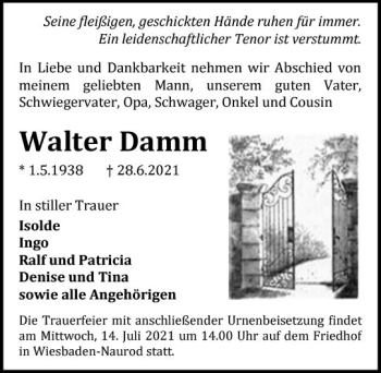 Traueranzeige von Walter Damm von vrm-trauer