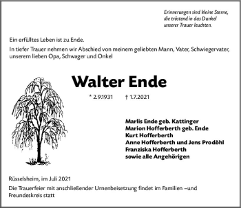 Traueranzeige von Walter Ende von vrm-trauer