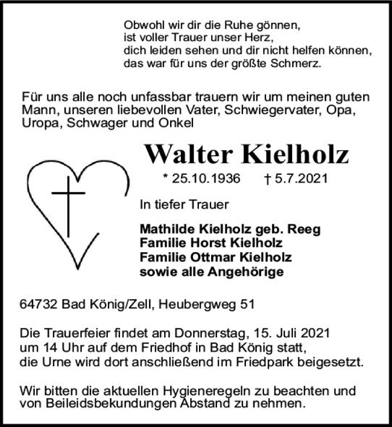  Traueranzeige für Walter Kielholz vom 10.07.2021 aus vrm-trauer