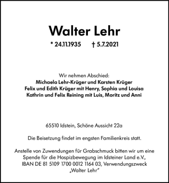 Traueranzeige von Walter Lehr von vrm-trauer