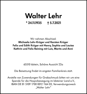 Traueranzeige von Walter Lehr von vrm-trauer