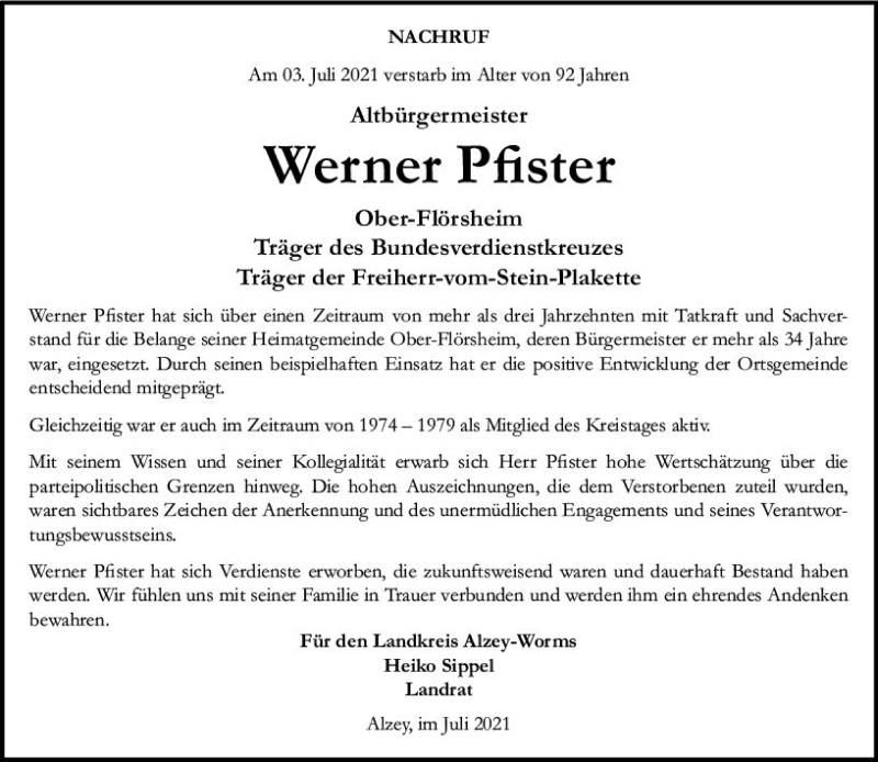  Traueranzeige für Werner Pfister vom 12.07.2021 aus vrm-trauer