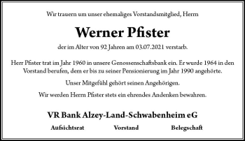 Traueranzeige von Werner Pfister von vrm-trauer
