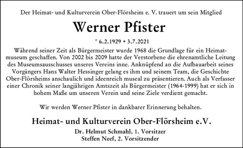  Traueranzeige für Werner Pfister vom 10.07.2021 aus vrm-trauer