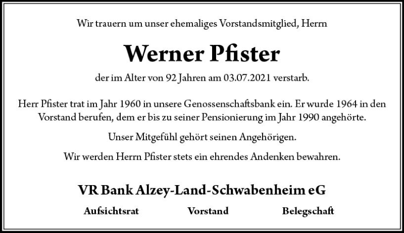  Traueranzeige für Werner Pfister vom 16.07.2021 aus vrm-trauer