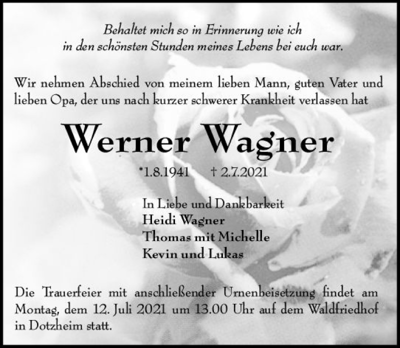  Traueranzeige für Werner Wagner vom 07.07.2021 aus vrm-trauer