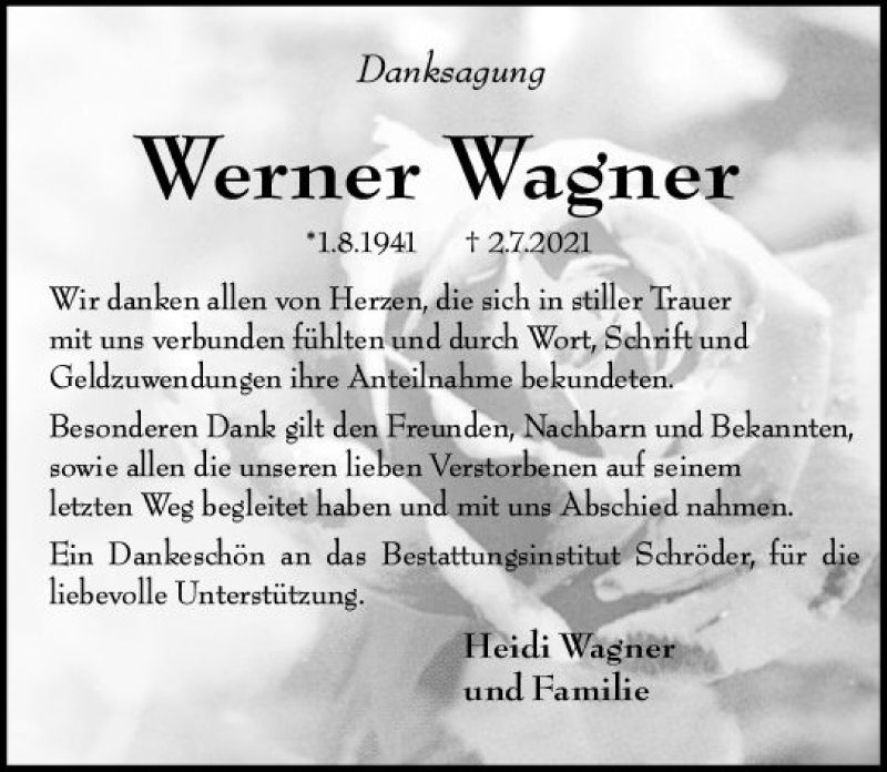  Traueranzeige für Werner Wagner vom 24.07.2021 aus vrm-trauer