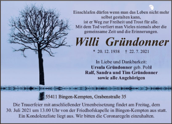 Traueranzeige von Willi Gründonner von vrm-trauer