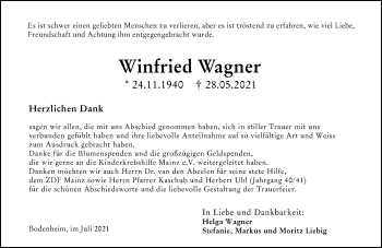 Traueranzeige von Winfried Wagner von vrm-trauer