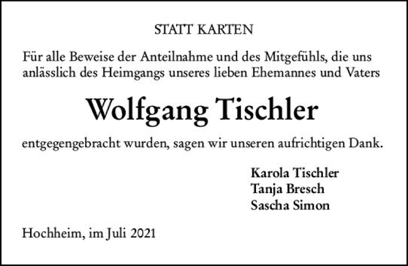  Traueranzeige für Wolfgang Tischler vom 09.07.2021 aus vrm-trauer