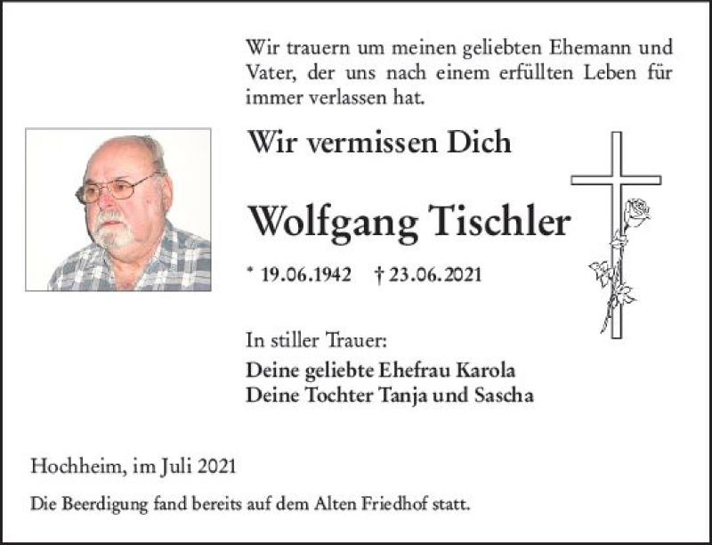  Traueranzeige für Wolfgang Tischler vom 02.07.2021 aus vrm-trauer