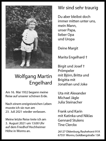 Traueranzeige von Wolfgang Martin Engelhard von vrm-trauer