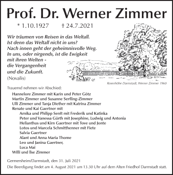Traueranzeige von Prof. Dr. Werner Zimmer 
