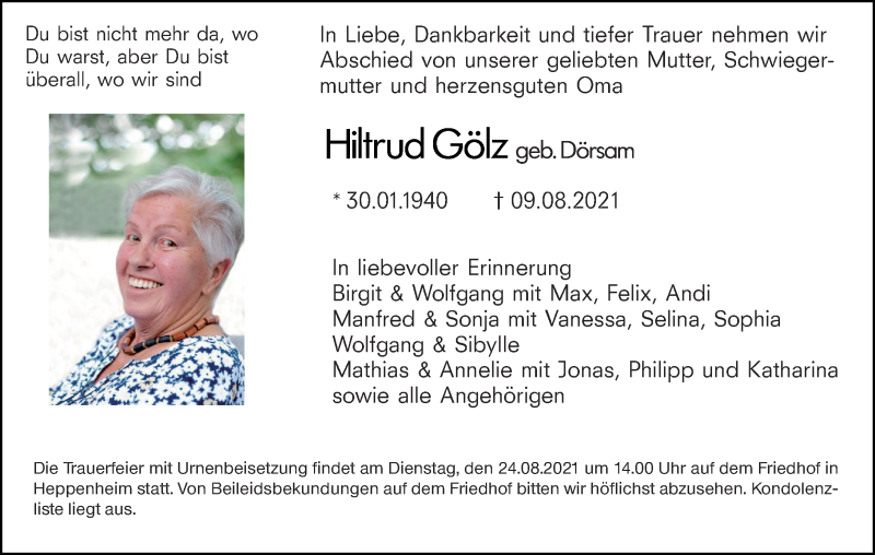  Traueranzeige für Hiltrud Gölz vom 19.08.2021 aus VRM Tageszeitungen