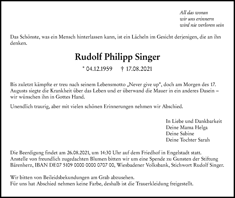  Traueranzeige für Rudolf Philipp Singer vom 21.08.2021 aus VRM Tageszeitungen