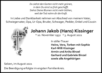 Traueranzeige von Johann Jakob (Hans) Kissinger von VRM Tageszeitungen