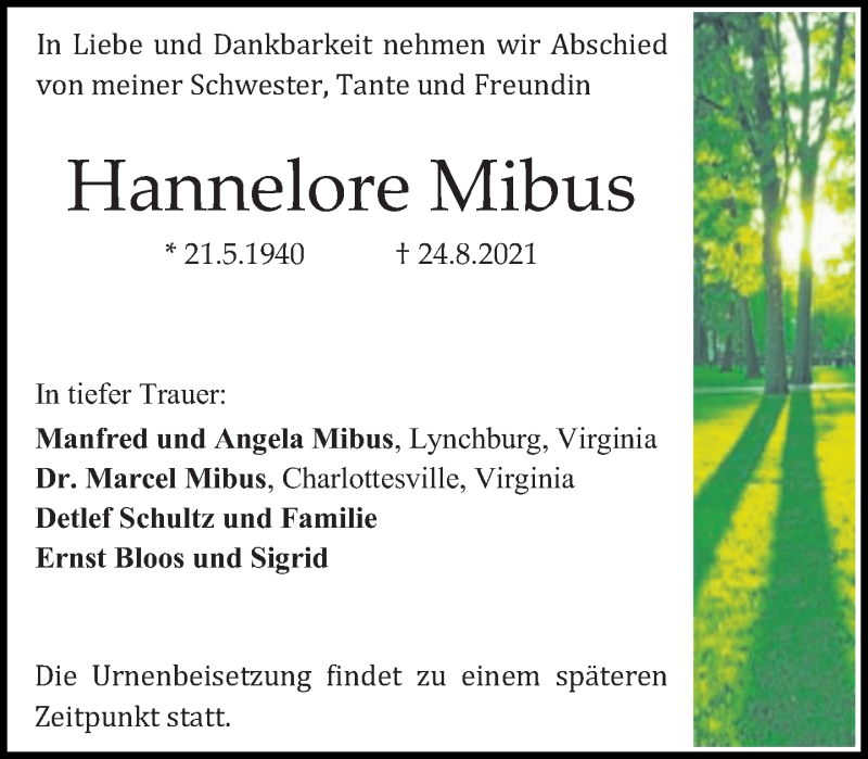  Traueranzeige für Hannelore Mibus vom 30.08.2021 aus VRM Tageszeitungen
