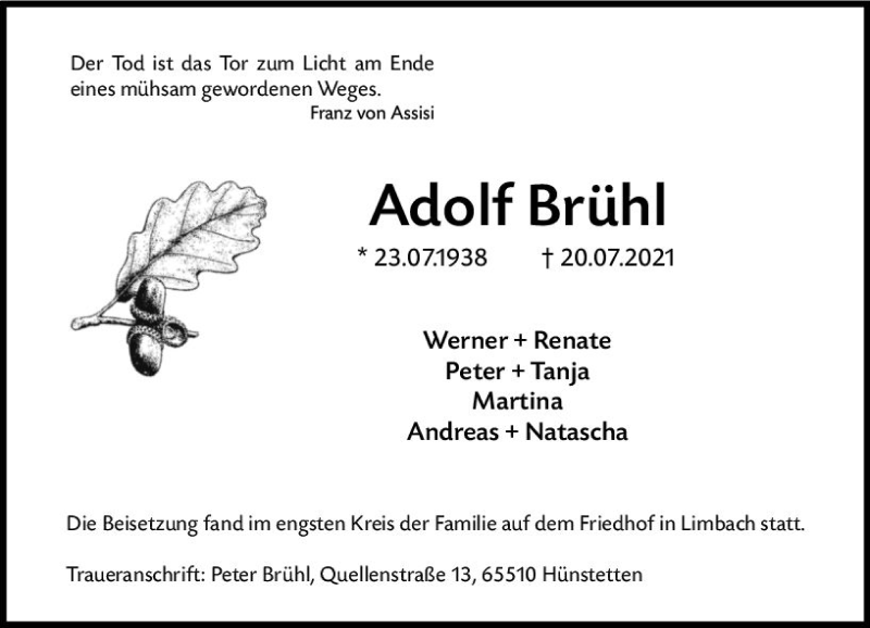  Traueranzeige für Adolf Brühl vom 07.08.2021 aus vrm-trauer