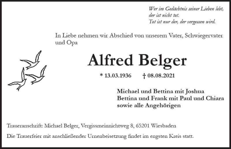  Traueranzeige für Alfred Belger vom 14.08.2021 aus vrm-trauer