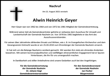 Traueranzeige von Alwin Heinrich Geyer von vrm-trauer
