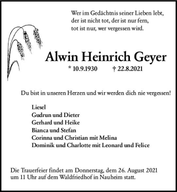 Traueranzeige von Alwin Heinrich Geyer von vrm-trauer