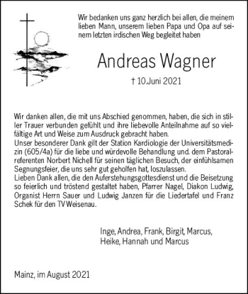 Traueranzeige von Andreas Wagner von vrm-trauer