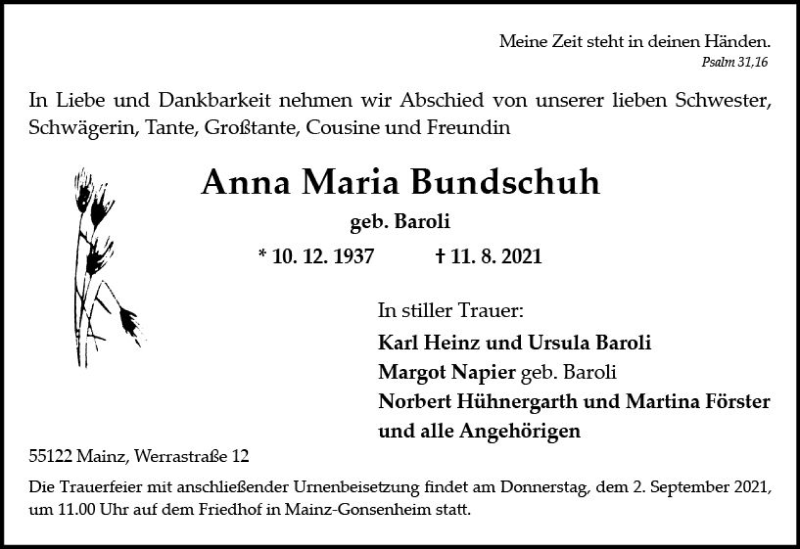  Traueranzeige für Anna Maria Bundschuh vom 28.08.2021 aus vrm-trauer