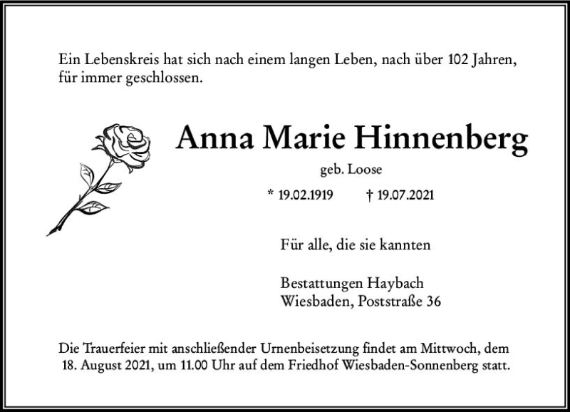  Traueranzeige für Anna Marie Hinnenberg vom 07.08.2021 aus vrm-trauer