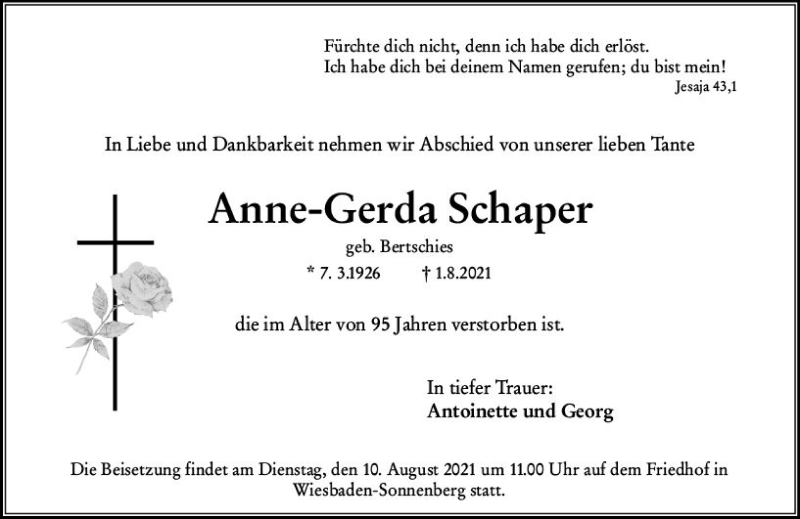  Traueranzeige für Anne-Gerda Schaper vom 07.08.2021 aus vrm-trauer