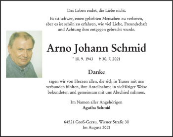 Traueranzeige von Arno Johann Schmid von vrm-trauer