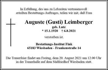 Traueranzeige von Auguste Leimberger von vrm-trauer